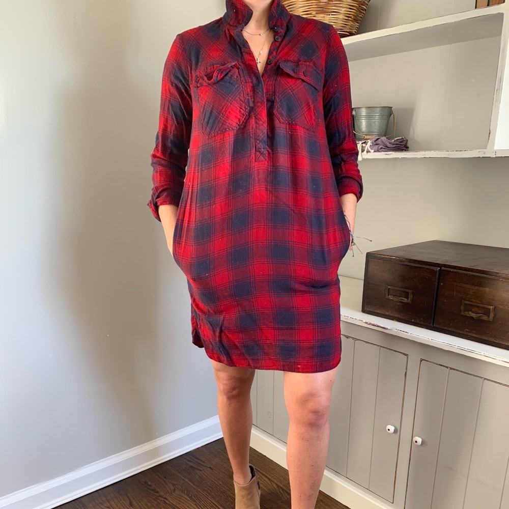 J.Crew Plaid Flannel Shirt Dress Pockets Oversized - Picture 2 of 5